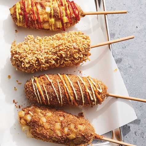 Try this new twist on the old-fashioned corn dog, with this recipe for Potato Studded Korean Corn Dogs. Get the ingredient list, steps and more here. Caribbean Roti, Korean Corn Dog Recipe, Corn Dog Batter, Corn Dog Recipe, Korean Corn Dog, Brine For Pork, Rock Food, Fried Hot Dogs, Korean Corn