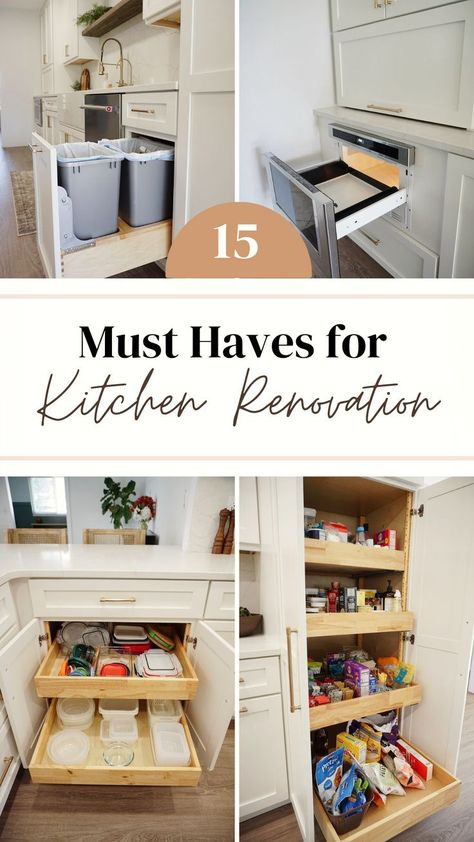 Are you dreaming of a beautiful, modern, and functional kitchen? Look no further! Here, we have compiled 15 must-haves for your dream kitchen, to complete your kitchen remodel on a budget, while creating a modern farmhouse kitchen that you adore. From the basic kitchen necessities to timeless kitchen design ideas, our handy checklist will surely make your next kitchen remodel a breeze. Please visit us for more Kitchen Essentials & DIY Kitchen Remodel Ideas. Cooks Kitchen Design Ideas, Kitchen Organization Planning, Cheap Kitchen Ideas Diy, Kitchen Upgrades Ideas, Island Addition To Kitchen, White And Natural Wood Kitchen Farmhouse, House Renovation Inspiration, Best Kitchen Drawer Layout, Kb Home Kitchen Ideas