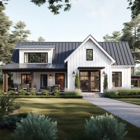 Modern Southern Farmhouse Exterior, Modern Farmhouse Homes Exterior, Modern Farmhouse With Metal Roof, Farmhouse Black And White Exterior, Modern Scandinavian Farmhouse Exterior, Farmhouse Facade Design, Rustic White House, White Modern Cottage Exterior, Scandi Farmhouse Exterior