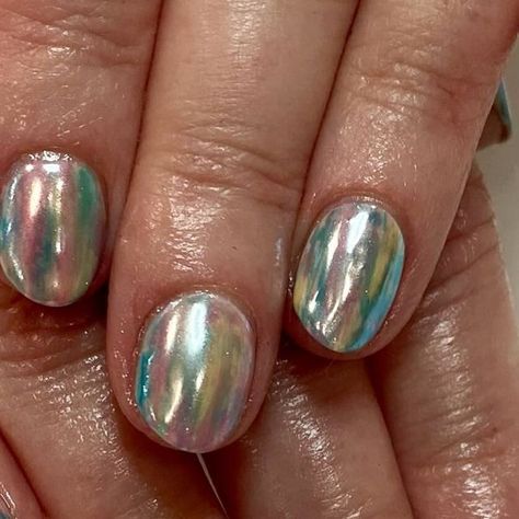 Nails By Jenny VanHoy on Instagram: "Rainbow chrome. 🌈 These sort of remind me of an oil slick! 🤩 #rainbownails #chromenails #rainbowchromenails #nails #nailart" Oil Spill Nails, Irridecent Design Nails, Oil Slick Nails, Rainbow Chrome Nails, Rainbow Chrome, Hello Nails, Oil Spill, Pearl Nails, Oil Slick