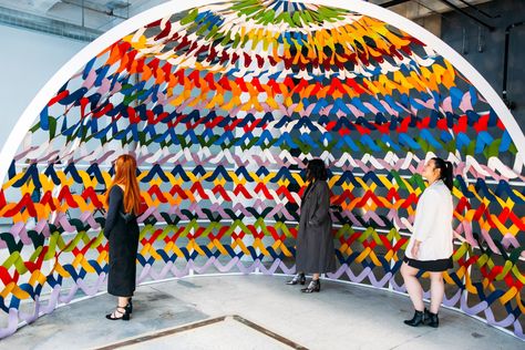 For the 2023 Future of Everything Festival, The Wall Street Journal's event team opted for sustainable fabrics like 100% merino wool. Wool curtains, which were used to partition event spaces, were later repurposed by production partner Studio Left for a bespoke art project (pictured) at the LA Design Festival. Photo: Irma Hardjakusumah/Studio Left Wool Curtains, Festival Photo, Spring Studios, Choosing Fabric, Stage Backdrop, Community Garden, Design Festival, Sustainable Textiles, River Park