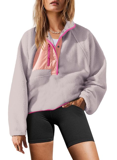 PRICES MAY VARY. Super soft fleece material, soft fluffy fleece fabric, comfortable and skin-friendly, makes you have a cute look, easy to match and wear it comfortable FASHION DEISGN: The button down sherpa pullover is very comfortable and loose to wear and you won't feel tight in it. It is made with soft fabric, nylon patches; zipper pockets; quarter-button closure, elastic cuffs, making it more comfy against the skin, can be worn next to your skin, you will never want to take it off. Features Free People Sherpa Jacket, Winter Comfy Cute Outfits, Preppy Long Sleeve Tops, Chritmas Wishlist 10-11, Cold Cute Outfits, Mountain Winter Outfits, Fleece Outfit Women, Christmas List 2024, Amazon Finds Clothes