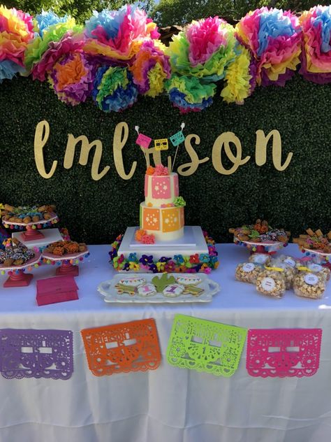 Dessert Table Fiesta Theme, Fiesta Cake Table, Fiesta Dessert Table, First Birthday Fiesta, First Fiesta Birthday, Masquerade Decorations, First Fiesta, Cake Display Table, Fiesta Decor