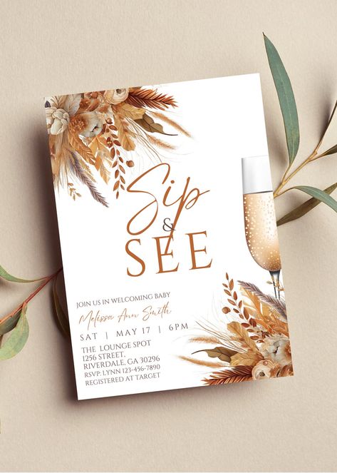 Sip And See Fall Theme, Fall Sip And See Party Ideas, Winter Sip And See, Sip And See Party Invitations, Fall Gender Reveal Invitations, Sip And See Party Ideas, Sip And See Party, Pampas Invitation Template, Pampas Grass Invitation