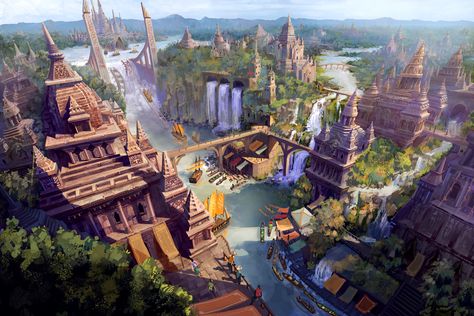 Fantasy City, Fantasy Castle, Fantasy Setting, Fantasy Places, Futuristic City, Landscape Scenery, Fantasy Art Landscapes, Fantasy Concept Art, Environment Design