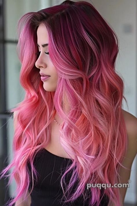 Magenta To Pink Ombre Hair, Bright Ombre Hair, Pink Hair Colour Ideas, Red To Pink Ombre Hair, Magenta Ombre Hair, Pink Balayage Hair, Colorful Tips, Burgundy Balayage, Funky Hair Colors