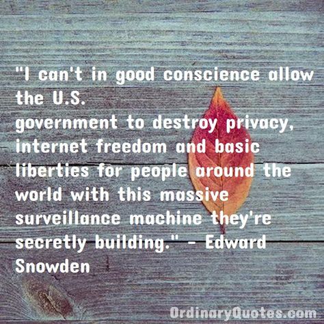 I can't in good conscience allow the U.S. government to destroy privacy, internet freedom and basic liberties for people around the world with this massive surveillance machine they're secretly building. Edward Snowden | Check out other quotes: https://ordinaryquotes.com/pictures-quotes/best-edward-snowden-quotes/ Edward Snowden Quotes, Ordinary Quotes, Edward Snowden, Pictures Quotes, People Around The World, Picture Quotes, I Cant, Government, Around The Worlds