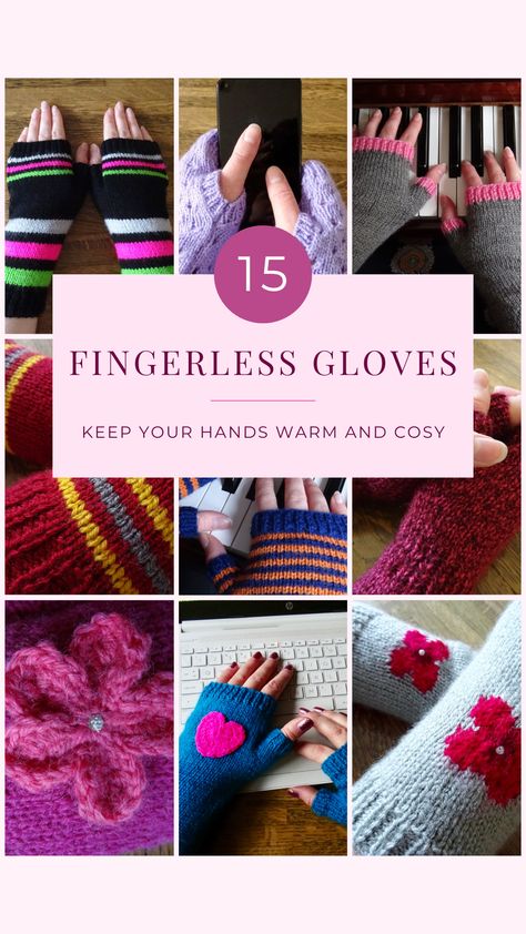 Selection of 15 designs of handmade knitted fingerless gloves, including: black, bright pink and green striped gloves; lilac patterned gloves; grey and pink gloves; red, yellow and grey gloves; navy blue and orange stripy gloves; red mottled gloves; pink flower gloves; teal and pink heart gloves and grey and red flower gloves. Shop now at The Wool Bucket on Etsy. Texting Gloves, Gloves Design, Handmade Knitting, Hand Warmers, Fingerless Gloves, Arm Warmers, Gloves, Stripes, Etsy Shop