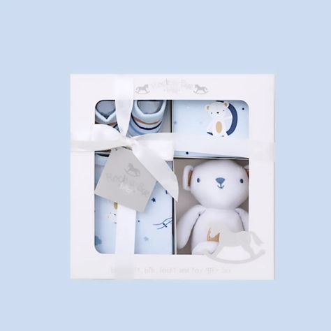 "✨ Introducing our luxurious 4 Piece Boxed Gift Set for baby boys! 👶🎁 Indulge in pure comfort with our soft toy, bib, socks, and bodysuit, all crafted from premium cotton. Perfectly sized for 0-3 months, it's the ultimate gift for your little princess. 💖 #BabyGirl #LuxuryGift #NewArrival #babyboy #BabyFashion #CottonComfort #PerfectGift #0to3Months #AdorableEssentials" #alexandriasbabyboutique #newrybabyboutique #designerkidsfashion #kidsclothes #newborn #newborngift New Born Gift Pack Ideas, Little Angel All-in Gift Set, Baby Gift Set Packaging, Newborn White Socks, Baby Gifts One Piece & Sets, Baby Products Packaging, Fashion Design For Kids, The Ultimate Gift, Baby Boutique