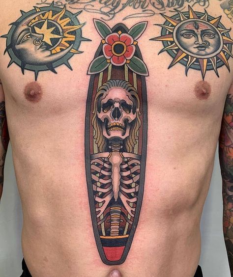 American Trad Skeleton Tattoo, Traditional Skeleton Tattoo, Surfing Tattoo, Sea Life Tattoos, Skeleton Arm, Pirate Skeleton, Surf Tattoo, Skeleton Tattoos, Beach Tattoo