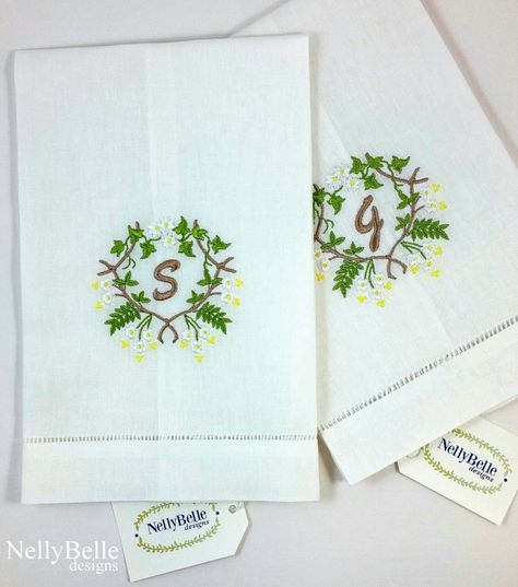 Lovely chinoiserie monograms with white flowers to symbolize the White Dogwood state flower of North Carolina. NellyBelle Designs Nellybelle Designs, Linen Guest Towels, Embroidered Towels, Linen Towels, Guest Towels, Custom Monogram, Chinoiserie, Hand Towels, White Flowers