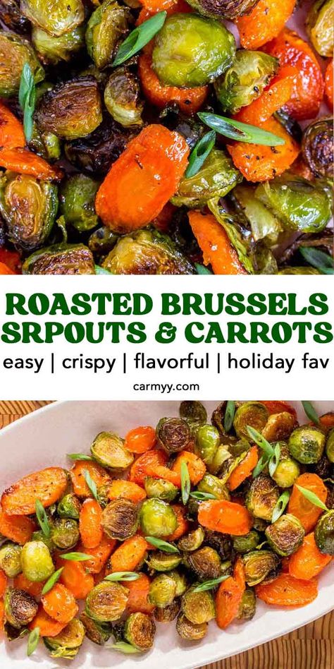 You will love this super easy sheet pan roasted vegetable side dish. All you need are a few simple ingredients and you’ll have this Roasted Brussels Sprouts and Carrots recipe ready in no time. Even better, the maple syrup on top adds the perfect amount of sweetness. Made in less than 30 minutes, this brussels sprouts and carrot is a staple. Roasted Vegetables With Bacon, Thanksgiving Roasted Vegetable Side Dishes, Healthy Roasted Brussel Sprouts, Brussel Sprouts Thanksgiving Recipe, What To Do With Brussel Sprouts, Russell Sprouts Recipe, Brussels And Carrots Roasted, Brussel Sprout Carrot Recipes, Brussels Sprouts Oven