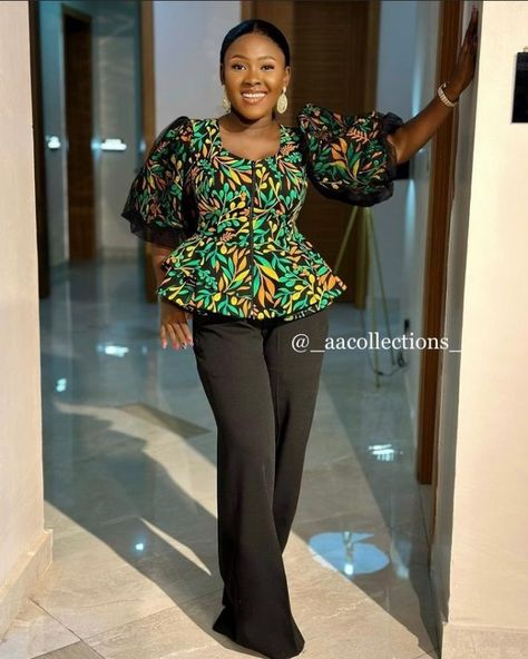 Ankara And Chiffon Combination Styles, Ankara Tops For Trousers, Lastest Style For Ankara Top, Ankara Top On Jeans Trouser, Ankara Tops On Jeans For Ladies, Six Pieces Blouse Ankara, Ankara Trousers And Top For Ladies, Top And Trousers Outfit Ankara, Ankara Blouse Styles For Jeans