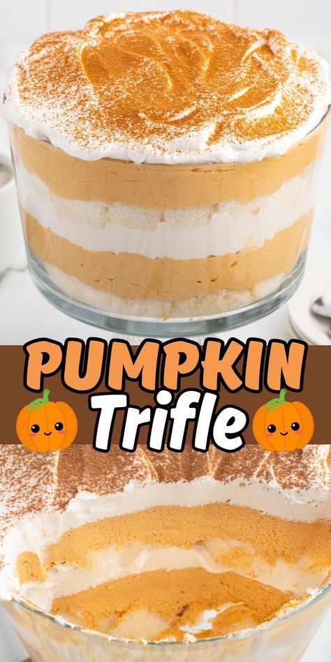 This Pumpkin Trifle dessert only takes 15 minutes to make! Angel food cake, pumpkin spice cheesecake, and whipped cream layered in a trifle bowl. #trifle #pumpkinspice #pumpkindessert #thanksgiving Pumpkin Punch Bowl Cake, Pumpkin Spice Fluff, Angel Food Pumpkin Trifle, Easy Pumpkin Trifle, Pumpkin Angel Food Cake Trifle, Trifle For Thanksgiving, Hot Chocolate Trifle, Pumpkin Truffle Dessert, Cream Cheese Trifle Desserts