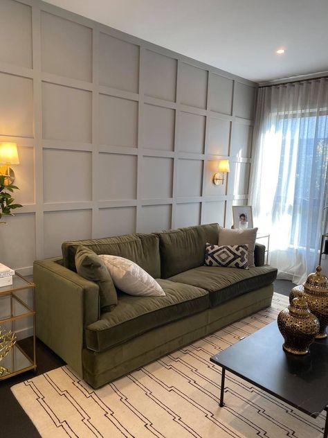 Square Panel Accent Wall, Wall Paneling Behind Sofa, Wall Molding Behind Sofa, Square Panelling Living Room, Applied Molding On Walls, Accent Wall Behind Couch, Full Wall Paneling, Painting Exterior House, Wall Behind Sofa