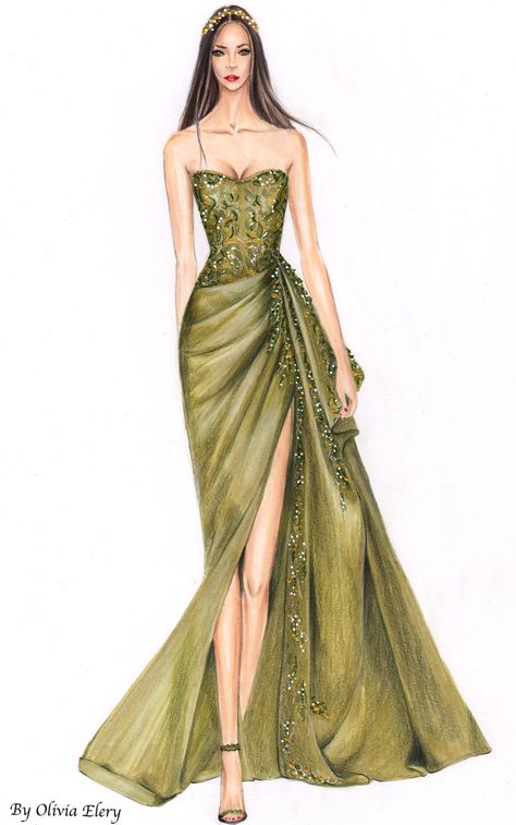 Fashion Sketches Dresses Gowns, Evening Gown Sketches Design, Green Dress Sketch, Symmetrical Pictures, Evening Gowns Illustration, Green Fashion Design Sketch, Gown Illustration Sketch, Party Wear Gown Illustration Sketches, Geometric Fashion Design