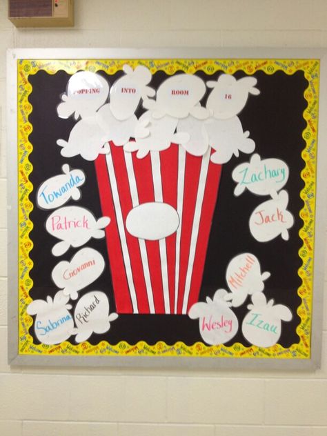 Popping into a New School Year Popcorn Bulletin Board, Red Classroom, Preschool Bulletin, Classroom Doors, Preschool Bulletin Boards, School Doors, Back To School Bulletin Boards, Hollywood Theme, Welcome Boards