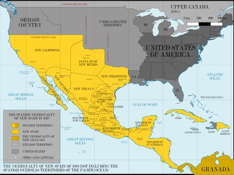 The Viceroyalty of New Spain in North America, 1819 Mexico People, American History Timeline, Alternative History, American History Lessons, World History Lessons, Geography Map, North America Map, New Spain, America Map