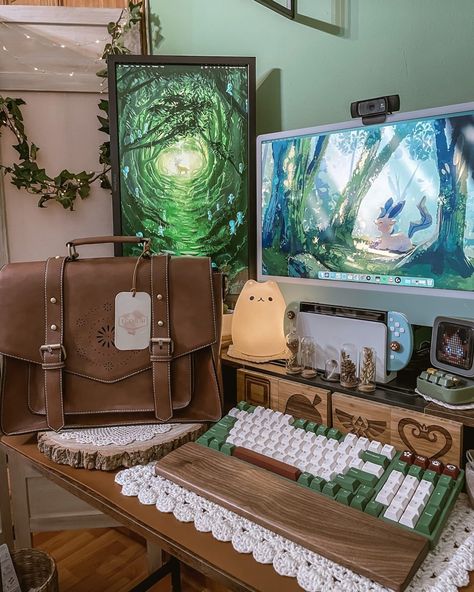 Pokemon Office Decor, Whimsical Desk Decor, Antique Gaming Setup, Sage Green Pc Setup, Cottagecore Computer Setup, Pokemon Gaming Setup, Cottage Core Gaming Set Up, Whimsical Office, Indoor Forest