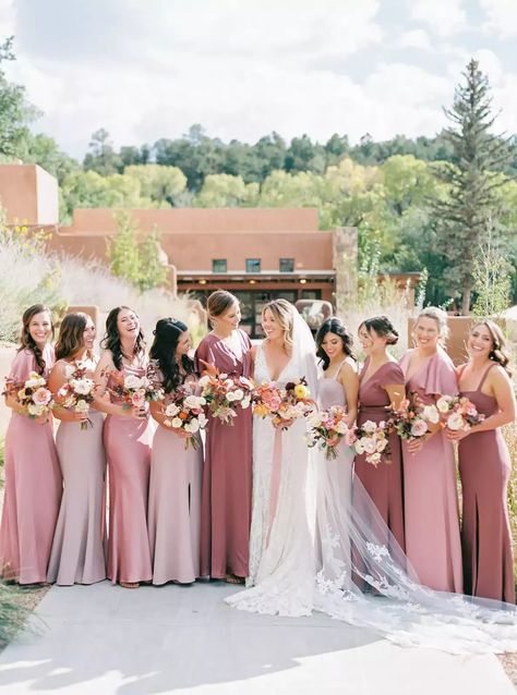 bride with bridesmaids wearing mismatched pink dresses Pink Bridesmaid Dresses Mismatched, Rose Pink Bridesmaid Dresses, Mismatched Dresses, Dusty Pink Bridesmaid Dresses, Blush Pink Bridesmaid Dresses, Dusty Rose Bridesmaid Dresses, Rose Bridesmaid Dresses, Pink Bridesmaid Dress, Bridesmaid Colors