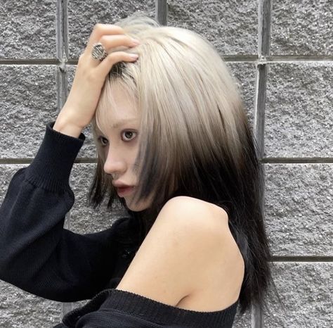 Grey Roots Black Hair, White Roots And Black Ends, Grey Roots Black Ends, Dyed Roots Hair, White Hair With Black Ends, Blonde Ghost Roots Black Hair, Blond Roots Dark Ends, Black Hair Colored Roots, White Roots Black Hair