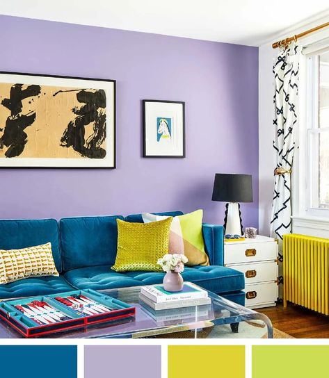 What Colours Go With Purple ? - Aspect Wall Art Blue Couch Purple Wall, Living Room Purple Wall, Purple Wall Living Room Ideas, Bright Walls Living Room, Purple Blue Living Room, Living Room Couch Against Wall, Purple And Mustard Bedroom, Bright Colours For Living Room Wall, Purple And Yellow Living Room