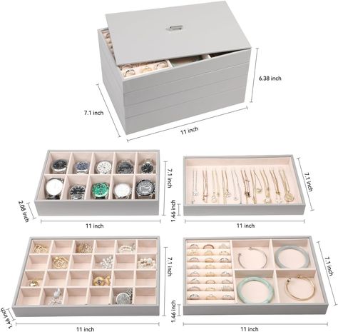 Amazon.com: Voova Stackable Jewelry Organizer Tray with Lid, PU Leather Jewelry Storage Holder for Drawer Inserts, Jewellery Display Box Case for Earring Necklace Ring Watch Bracelet (Set of 4, Grey) : Clothing, Shoes & Jewelry Jewellery Organizer, Wardrobe Jewellery Drawer, Jewelry Organizer Drawer Trays, Jewelry Organizer Drawer Insert, Jewelery Organiser Wardrobe, Necklace Tray Storage, Draw Organizer, Jewelry Tray Organizer, Jewelry Display Box