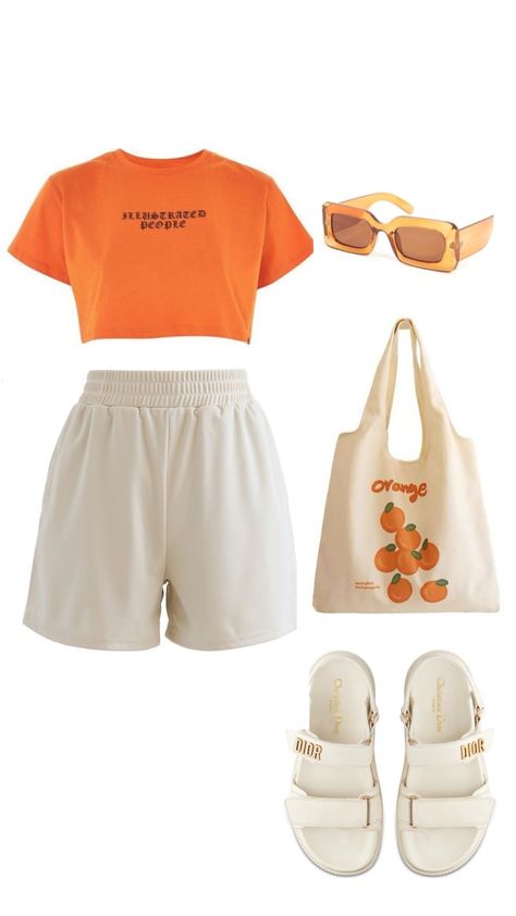 Orange Aesthetic Vintage Outfit, Cute Orange Clothes, Orange Outfit Inspo Aesthetic, Cream And Orange Outfit, Orange Fits Aesthetic, Orange Cute Outfits, Orange Outfit Ideas Casual, Orange And Cream Outfit, Orange Outfit Ideas Summer