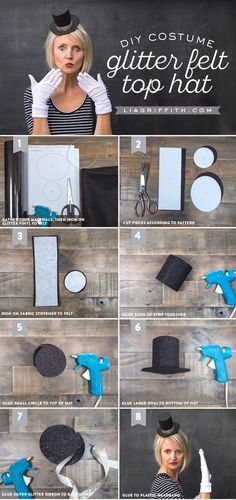 DIY Costume Glitter Felt Top Hat Tutorial from MichaelsMakers Lia Griffith Mime Halloween Costume, Snowman Costume, 3d Templates, Mini Diy, Circus Costume, Hat Tutorial, Diy Tops, Style Headband, Crazy Hats