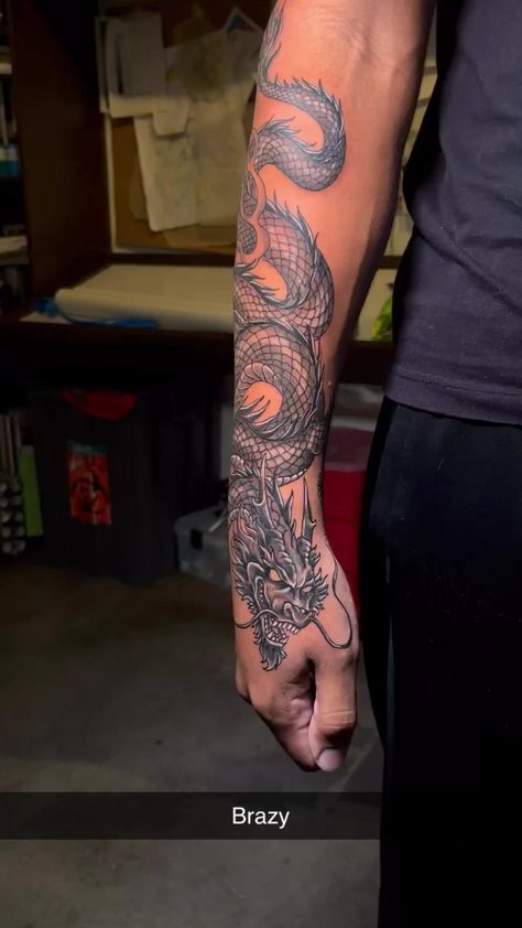 Instagram: slitt.xo Dragon Forearm Tattoo Men Sleeve, Dragon Tattoo With Clouds, Arm To Hand Tattoo Men, Dragon Arm Tattoo Wrap, Dragon Forearm Tattoos Men, Forearm Dragon Tattoo Men, Dragon Tattoo For Men Forearm, Dragon Tattoo Arm Men, Snake Arm Tattoo For Men