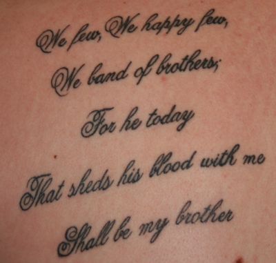 Band of Brothers tattoo "We few, we happy few, we band of brothers For he today that sheds his blood with me Shall be my brother" Band Of Brothers Tattoo, Veteran Tattoo, Marine Tattoos, Brothers Tattoo, Marine Tattoo, We Happy Few, Military Tattoos, Tattoo Reference, Awesome Tattoos