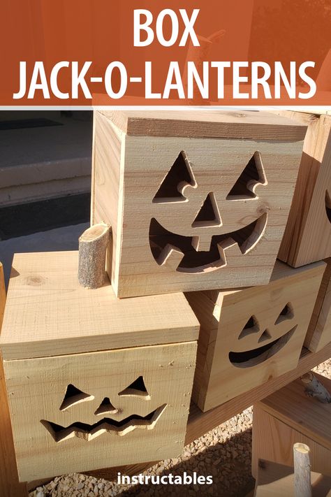 Halloween Wood Working Projects, Wooden Pumpkin Lanterns Diy, Pumpkin Boxes Wooden, Halloween Wood Lanterns Diy, Wooden Jack O Lantern Faces, Diy Wood Jack O Lantern, Halloween Flower Boxes, Wood Pumpkin Lanterns Diy, Diy Wooden Jack O Lantern