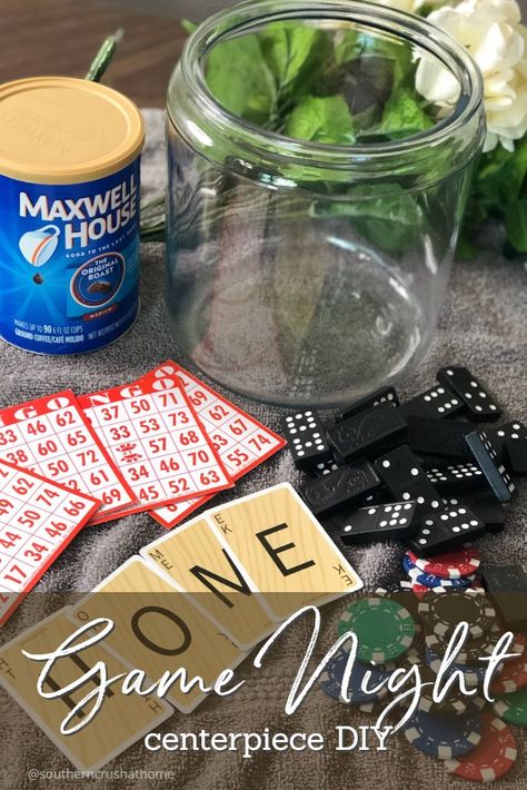 BINGO! We play games a lot at my house! It's a fact. We have an octagon-shaped game table that is witness to hours and hours of family fun! However; when we aren't playing games, that table looks empty. With an idea and a few discarded game pieces, a game night centerpiece was born. See the easy DIY project here... Game Night Table Decor, Bingo Centerpiece Ideas, Game Night Table, Night Table Decor, Bingo Party, Game Night Parties, Centerpiece Diy, Board Game Pieces, Shape Games