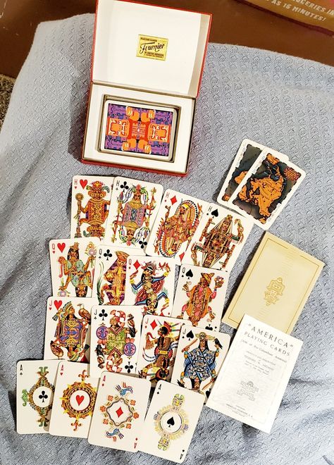 What a great find! This is the single deck of Heraclio Fournier's "America" playing cards. The outer box, label inside and folder with booklets, plus the cards - are all in great condition! As if never handled. Drawings by Teodoro N. Miciano. In the suit of Spades, are the North West Indians; in the suit of Diamonds are the Red Indians; in the suit of Hearts are the Aztecs; in the suit of Clubs are the Incas Empire. I got these for only $15(?) at an antique store near Kansas City, Mo. The Aztecs, Inca Empire, Red Indian, Antique Store, Game Ideas, Kansas City Mo, Antique Stores, Deck Of Cards, North West