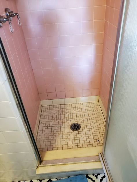 Painting Shower Tile (Should You Do It?) — Peony Street Diy Tile Update, Painted Bathroom Shower Tile, Painting Tile Shower Wall Before And After, Terrazzo Shower Tile, Painted Shower Tile Ideas, Painted Tile Shower Ideas, Paint Shower Floor Tile, Painting Tile Backsplash Bathroom, Painting Shower Tile Diy