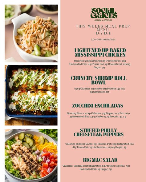 🌟 This Week’s Meal Prep Menu is Here! 🌟 10/7-10/11 Get ready for a week of delicious, nutritious eating with our upcoming meal prep menu at Social Graces! We’re excited to offer a selection of low carb, high protein meals that will keep you energized and satisfied throughout the week ✨ 📅 Orders are due by Saturday, 10/5 by 12:00pm! Don’t miss out on these mouthwatering meals! To place your order, simply email us or text your selection, and we’ll take care of the rest. $12 a meal for 5... Low Carb High Protein Meals, Meal Prep Service, Nutritious Eating, Zucchini Enchiladas, Meal Prep Menu, Service Branding, Mississippi Chicken, High Protein Meals, Social Graces