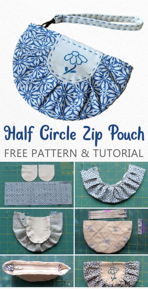 DIY Half Circle Zipper Pouch Pleated Bag Pattern, Round Zipper Pouch, Small Purse Pattern, Diy Pouch No Zipper, Purse Patterns Free, Round Pouch, Pouch Diy, Small Zipper Pouch, Diy Bags Purses