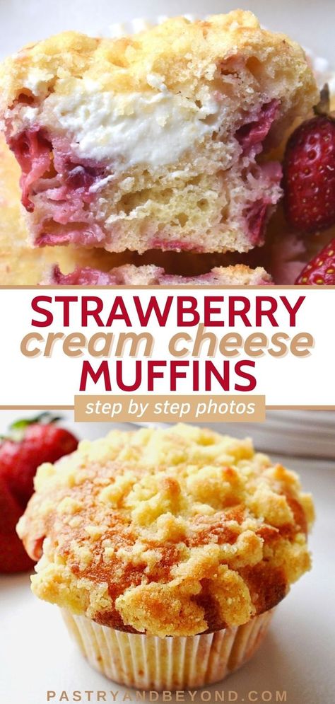 Collage for strawberry cream cheese muffins with text overlay. Keto Strawberry Cream Cheese Muffins, Strawberry Cheesecake Muffins Recipes, Strawberry And Cream Muffins, Large Muffin Recipes, Strawberry Cream Cheese Muffins Recipe, Homemade Strawberry Cream Cheese, Raspberry Cream Cheese Muffins, Strawberry Muffin Recipe, Strawberry Cream Cheese Muffins