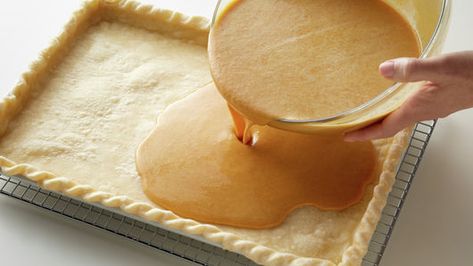 Pumpkin Slab Pie Recipe - Pillsbury.com Pillsbury Pie Crust Recipes, Pumpkin Slab Pie Recipe, Pie For A Crowd, Pumpkin Slab Pie, Pillsbury Pie Crust, Batch Baking, Perfect Pumpkin Pie, Slab Pie, Pumpkin Pie Bars