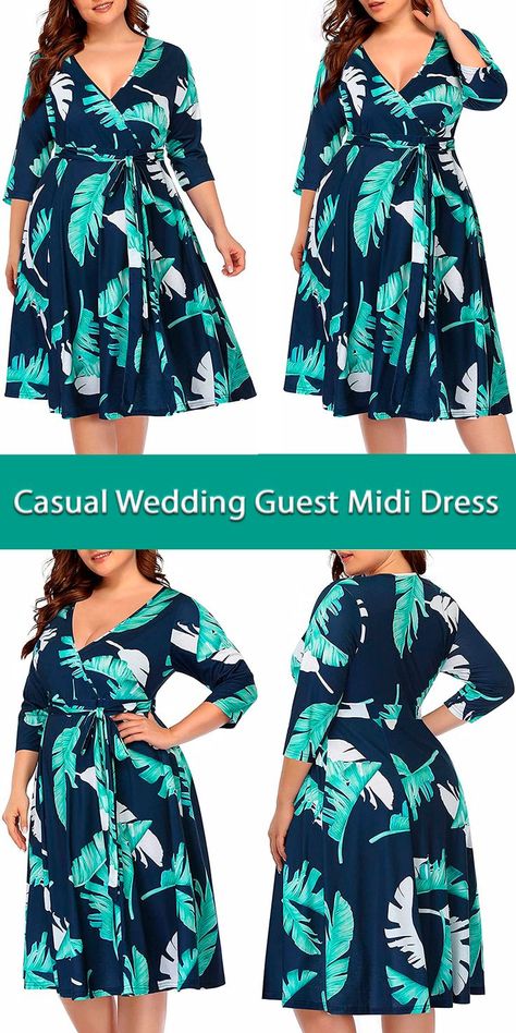 Blue Leaf Casual Wedding Guest Midi Dress Plus Size Dress Patterns Free, Plus Size Dresses To Wear To A Wedding, Ladys Dress, Wedding Guest Midi Dress, Wedding Guest Casual, Wedding Guest Midi Dresses, Office Wears, Casual Wedding Guest, Pinup Fashion