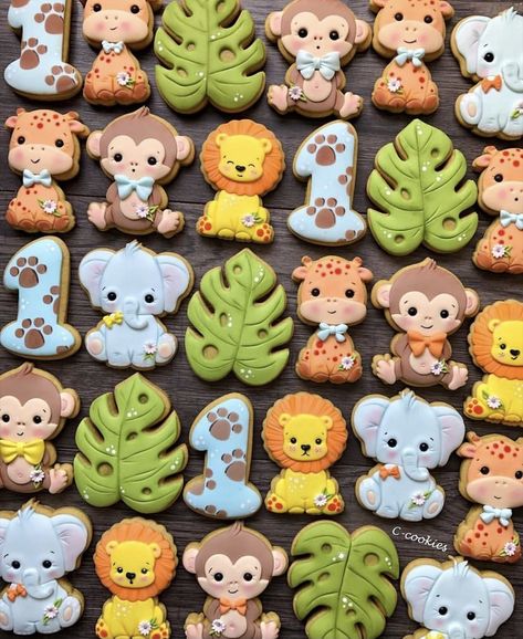 Safari Animal Cookies Decorated, Monkey Cookies Decorated, Jungle Cookies Safari Party, Safari Cookies Jungle Theme, Jungle Theme Cookies, Jungle Animal Cookies, Easy Cupcakes Decoration, Lion Cookies, Giraffe Cookies