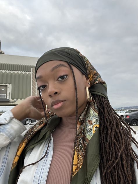 #scarf #locs Silk Scarf On Locs, Loc Hair Wraps Head Scarfs, Scarf And Locs, Bandana With Locs, Headwraps With Locs, Locs With Scarf, Loc Head Wrap Styles, Headwrap Styles With Locs, Bandana Aesthetic