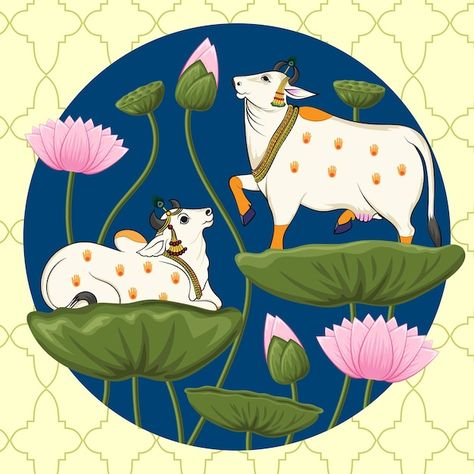 Cow And Lotus Pichwai, Traditional Pichwai Paintings, Cute Drawings Paintings, Cute Cow Art Drawing, Cow And Lotus Painting, Cow Art Painting, Pichwai Art Paintings Cow, Pichwai Cow Sketch Outline, Cow Illustration Art