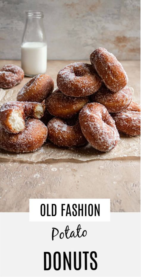 Easy old fashion yeast raised potato donuts with mashed potatoes and cinnamon sugar. |#donuts #oldfashiodonuts #donutsrecipe #yeastraiseddonuts #yeastdonuts #yeastdonutsrecipe #recipe #doughnuts #doughnutsrecipe #easydonutsrecipe #foodphotography #donutsphotography onesarcasticbaker.com| Maine Potato Donut Recipe, Potato Donuts 1934, Potato Donuts Recipe Baked, Yeast Raised Donuts Recipe, Potato Dough Recipe, Potato Doughnuts Recipes, Mashed Potato Donut Recipe, Gluten Free Mashed Potatoes, Potato Donuts Recipe