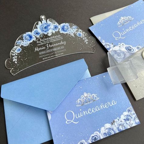 Invitation For Quinceanera, Blue And Silver Crown, 15 Party Ideas Quinceanera, Blue Quinceanera Theme, Light Blue Quinceanera Dresses, Baby Blue Quinceanera, Sweet 15 Invitations, Light Blue Quince, Cinderella Quinceanera Themes