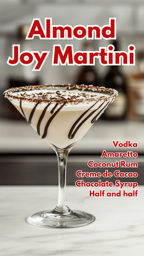 Almond Joy Martini Coconut Rum Cocktails, Amaretto Cocktails, Coconut Martini, Dessert Cocktails, Cocktail Cards, Christmas Drinks Alcohol Recipes, Rum Cocktails, Best Cocktail Recipes, Classic Candy