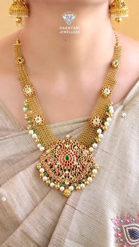 Handcrafted Kundan Gold Necklace & Haram From 'Narayani Jewels' • South India Jewels Kundan Work, Gold Backdrop, Diamond Wedding Jewelry, Gold Long Necklace, South India, Stunning Necklace, Pearl Chain, Indian Jewellery, Gold Plated Jewelry