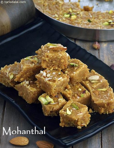 Mohanthaal ( Mithai Cookbook) Mohanthal Recipe, Indian Mithai, Diwali Snacks, Diwali Sweets, Gujarati Food, Sweet Dish, Flavored Sugar, Milk Cake, Indian Dessert