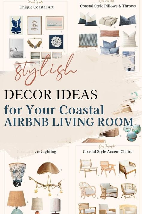 Do you own an Airbnb in a coastal town or have a beach house that you want to transform into vacation rental? Coastal interior design style is the answer! This post is all about Airbnb beach cottage decor and creating a coastal living room in your Airbnb. From costal style accent chairs and coastal style pillows to coastal style lighting ideas to coastal art, these items will help you create a coastal-inspired living room in your Airbnb. Coastal Interior Design Style, Airbnb Living Room, Rental Living Room, Coastal Airbnb, Hampton Style Home, Stylish Room Decor, Coastal Cottage Decorating, Coastal Interior, Airbnb Design