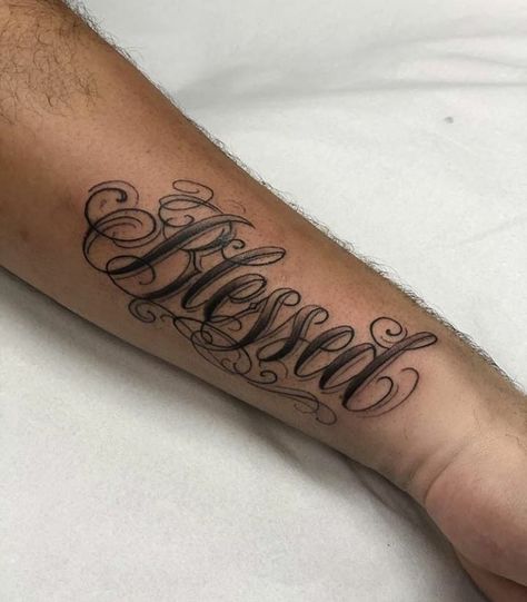 Single Tattoos Men, Blessed Tattoo For Men, Blessed Tattoo Ideas, Tattoo Ideas On Arm, Tattoos Powerful, Panther Tattoos, Typographic Tattoo, Blessed Tattoo, Blessed Tattoos